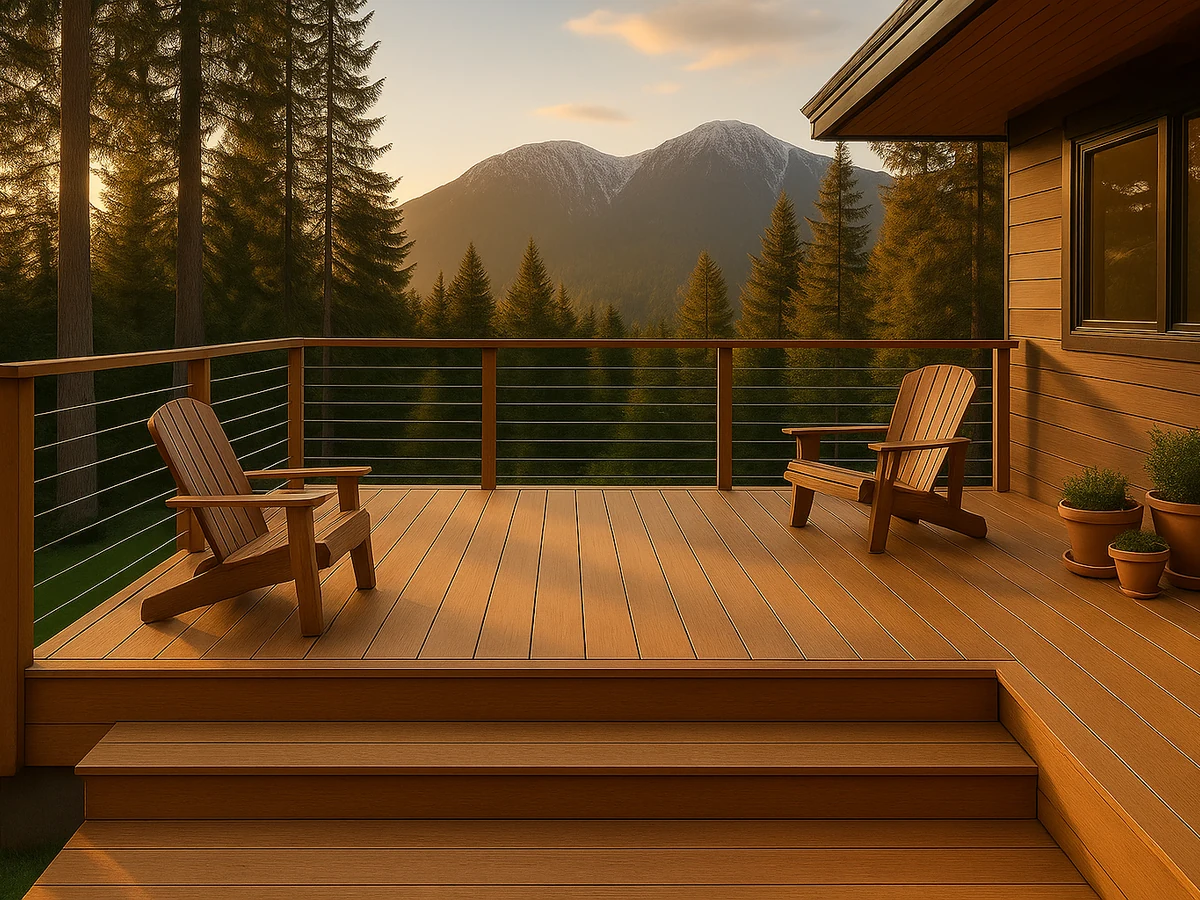 Cedar deck with stairs to yard in Lynn Valley, North Vancouver by BRIO