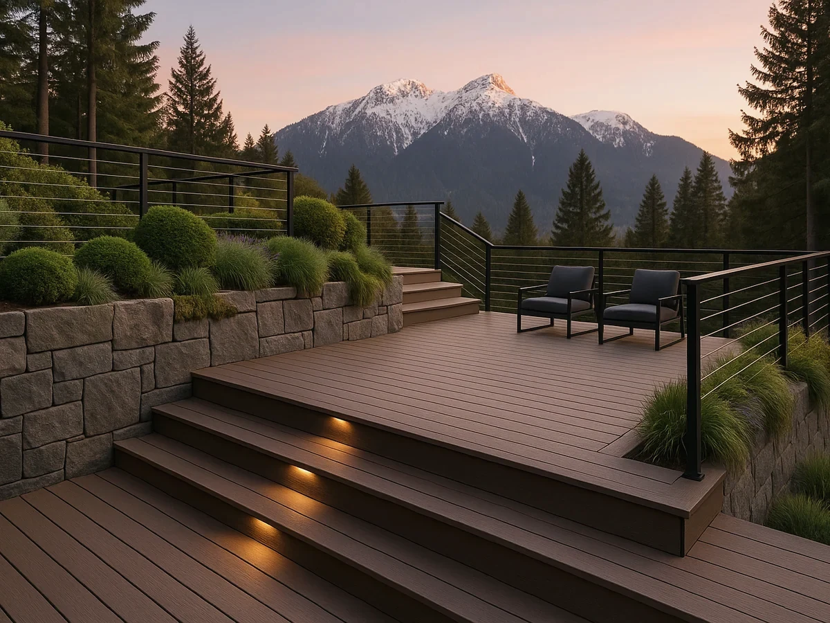Multi-level composite deck on sloped lot in Upper Lonsdale, North Vancouver