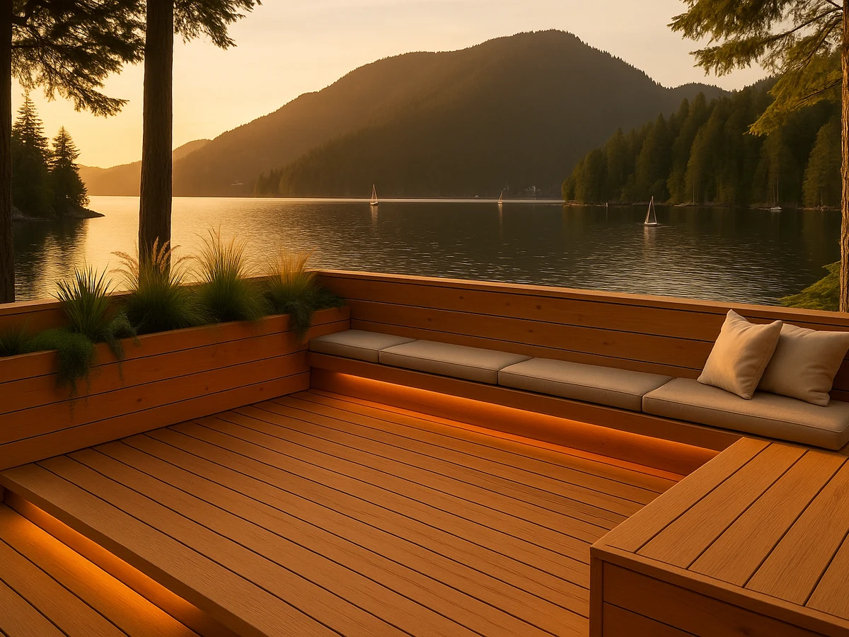 Cedar deck with built-in bench seating and LED lighting in Deep Cove, North Vancouver by BRIO